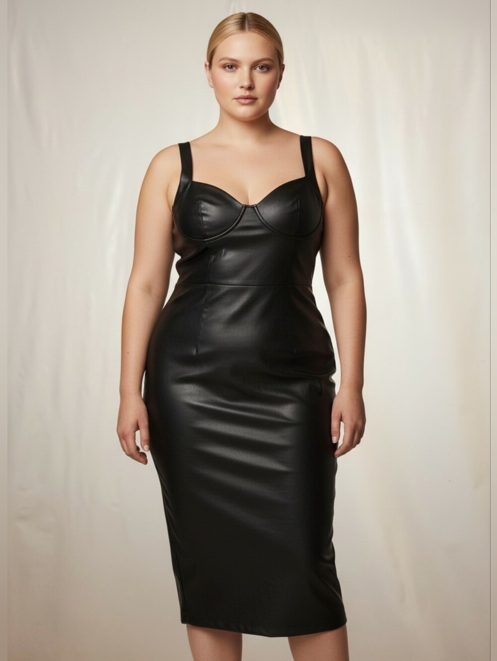 Sleek Black Faux Leather Midi Dress